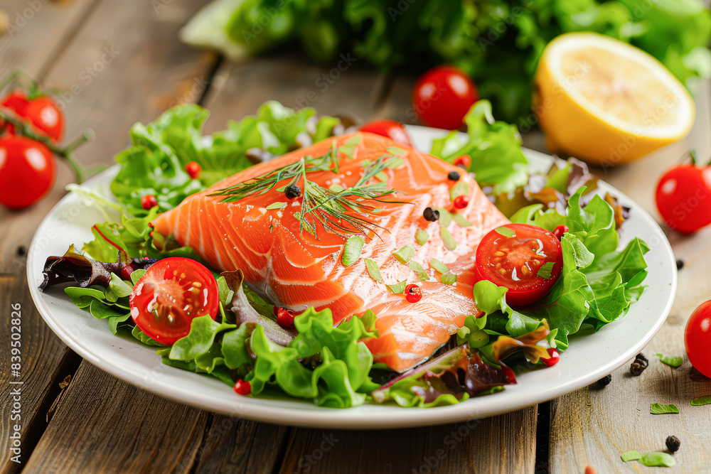 A plate of salmon and salad with a lemon wedge on the right A plate of salmon and salad with a lemon wedge on the right