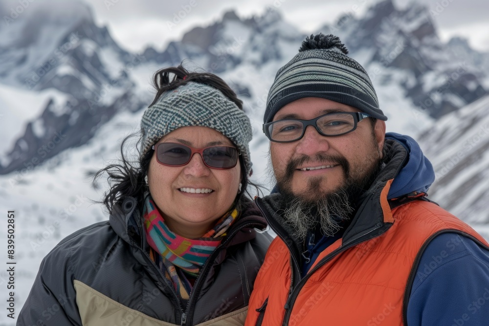 Portrait of a smiling latino couple in their 30s dressed in a thermal insulation vest while standing against backdrop of mountain peaks Portrait of a smiling latino couple in their 30s dressed in a thermal insulation vest while standing against backdrop of mountain peaks