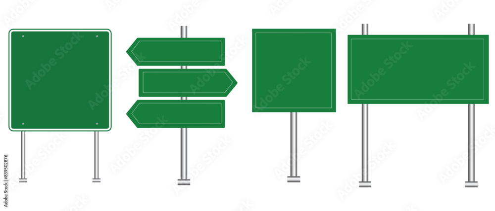 Set of road signs isolated on a white background. Green traffic signs.Blank board with place for text. Isolated information sign. Vector illustration. Set of road signs isolated on a white background. Green traffic signs.Blank board with place for text. Isolated information sign. Vector illustration.