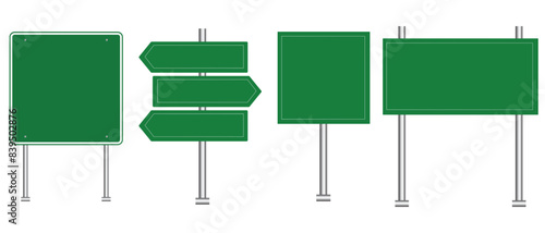 Set of road signs isolated on a white background. Green traffic signs.Blank board with place for text. Isolated information sign. Vector illustration.