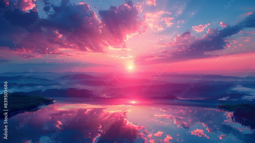 Dawn's Reflection: Cinematic Sunrise with Pink Clouds and Mountain Silhouette Tranquility Close-Up Dawn's Reflection: Cinematic Sunrise with Pink Clouds and Mountain Silhouette Tranquility Close-Up
