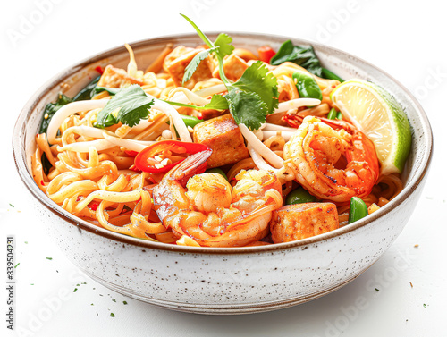 A bowl of food with shrimp and noodles