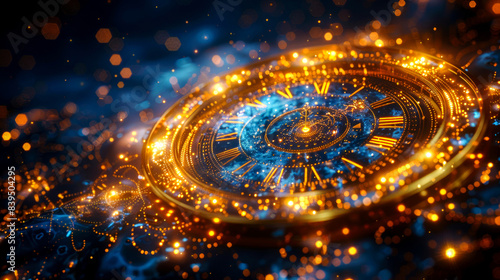 Wallpaper Mural Golden disk adorned with ancient numerology symbols glows mystically, evoking astrology and the wheel of fate, a mysterious vision of magic, occultism, and clairvoyance. Blue background. Torontodigital.ca