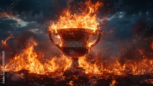 Burning Trophy in Fiery Landscape at Night