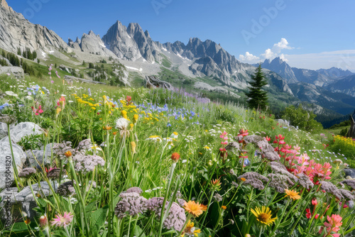 A beautiful mountain landscape with a field of wildflowers meadow © Sunday Cat Studio