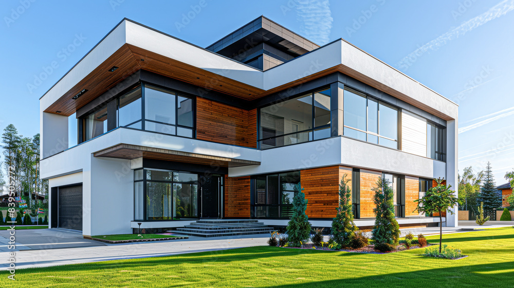 A large, modern house with a white exterior and wooden trim A large, modern house with a white exterior and wooden trim