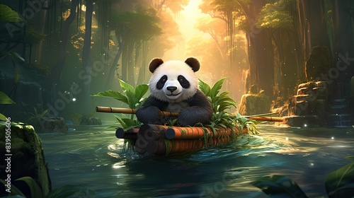 A cute cartoon panda riding a bamboo raft down a tranquil river, surrounded by lush greenery. 