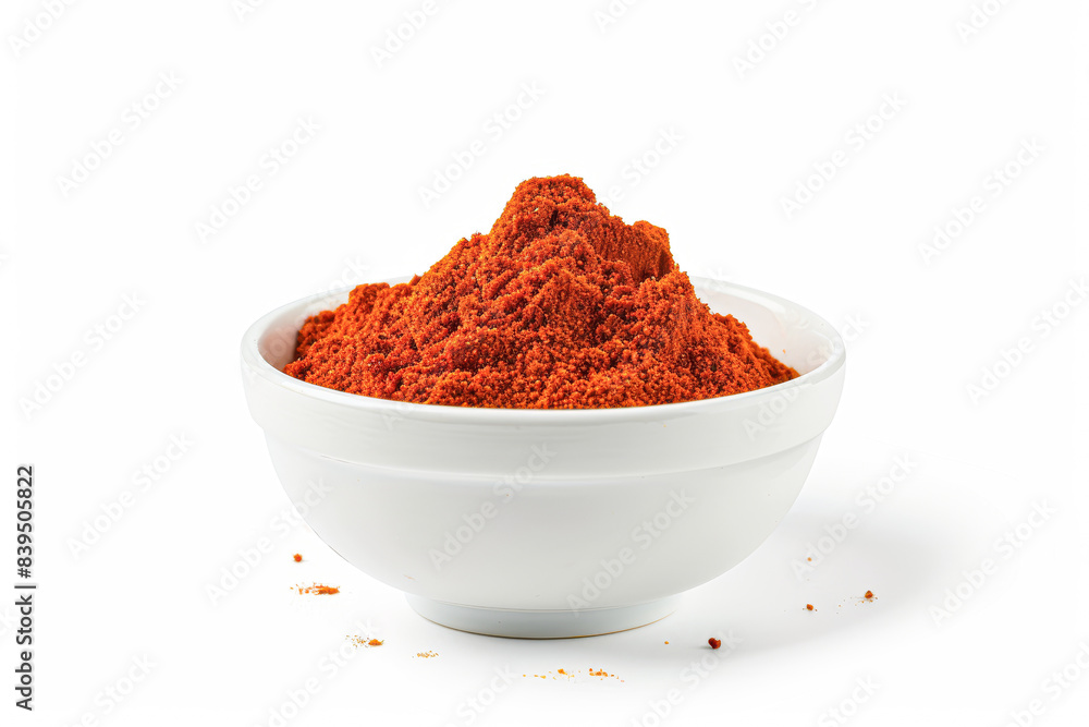 A bowl of red powder is sitting on a white background A bowl of red powder is sitting on a white background