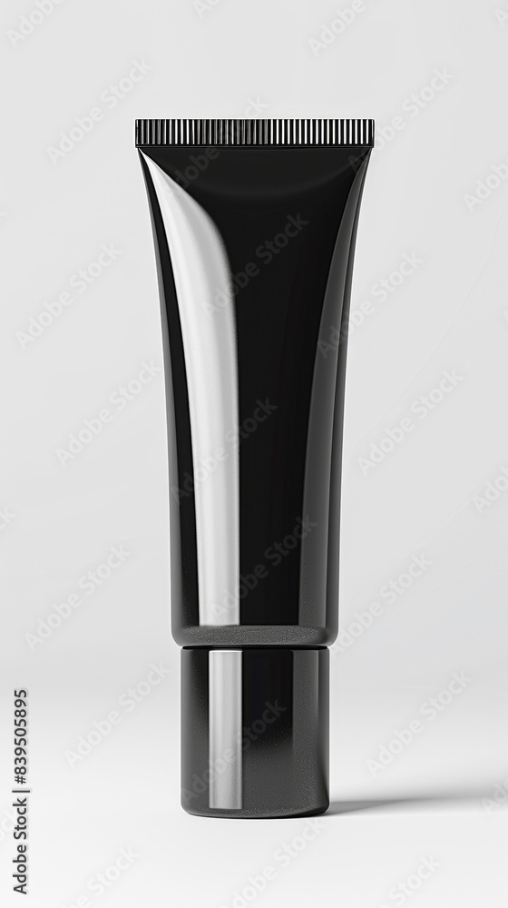 A tube of black makeup is shown on a white background A tube of black makeup is shown on a white background