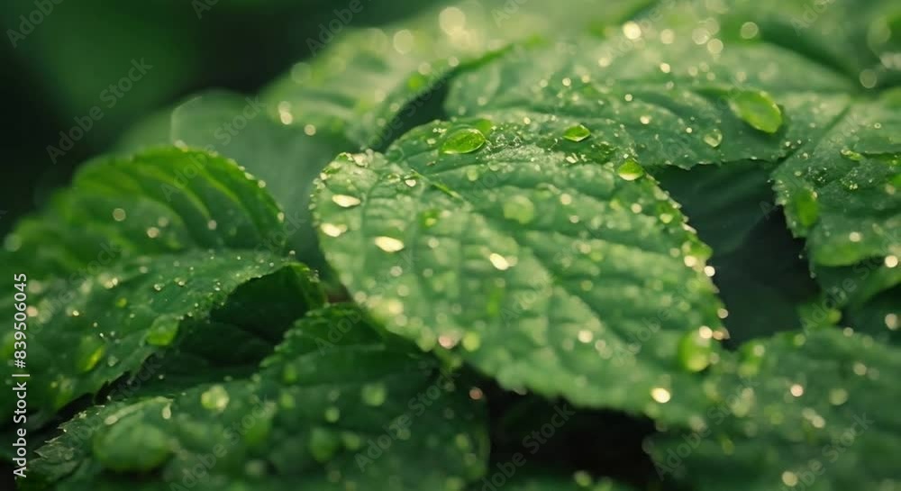 Large beautiful drops of transparent rain water on a green leaf Large beautiful drops of transparent rain water on a green leaf