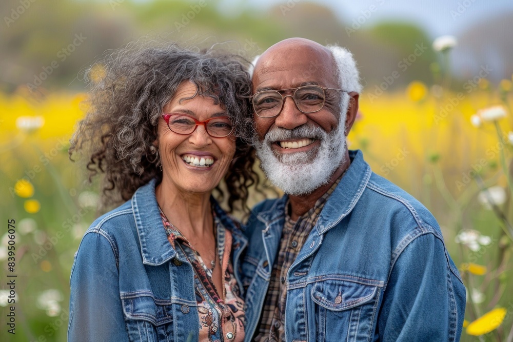 Portrait of a happy multicultural couple in their 60s sporting a rugged denim jacket on bright spring meadow Portrait of a happy multicultural couple in their 60s sporting a rugged denim jacket on bright spring meadow