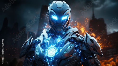 A cybernetic warrior with advanced armor, built-in weaponry, and glowing energy cores - 