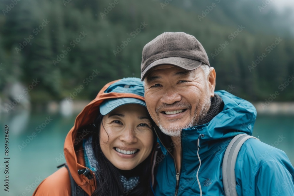 Portrait of a joyful asian couple in their 30s wearing a functional windbreaker in serene lakeside view Portrait of a joyful asian couple in their 30s wearing a functional windbreaker in serene lakeside view