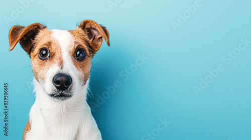 A dog with brown and white fur is looking at the camera