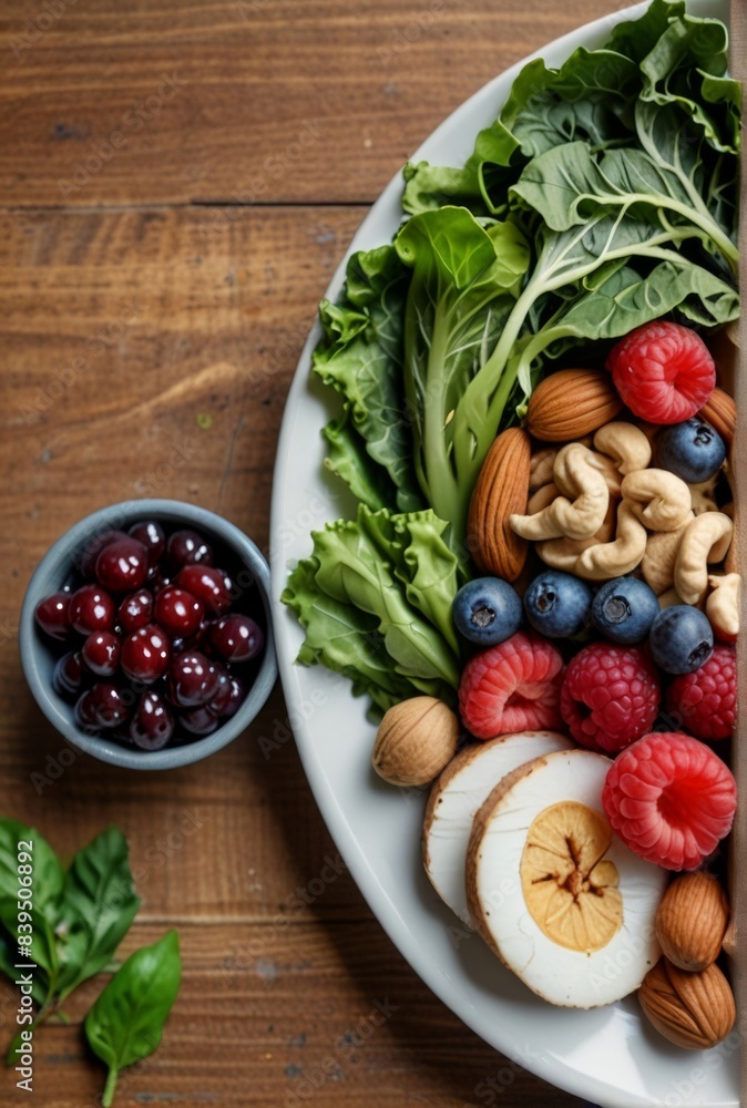 a plate filled with kidney-friendly foods, such as leafy greens, berries, fish, and nuts, highlighting the role of nutrition in maintaining kidney health. a plate filled with kidney-friendly foods, such as leafy greens, berries, fish, and nuts, highlighting the role of nutrition in maintaining kidney health.
