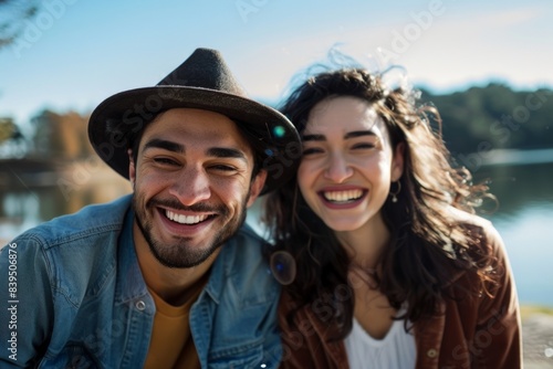 Portrait of a joyful multicultural couple in their 20s donning a classic fedora over serene lakeside view