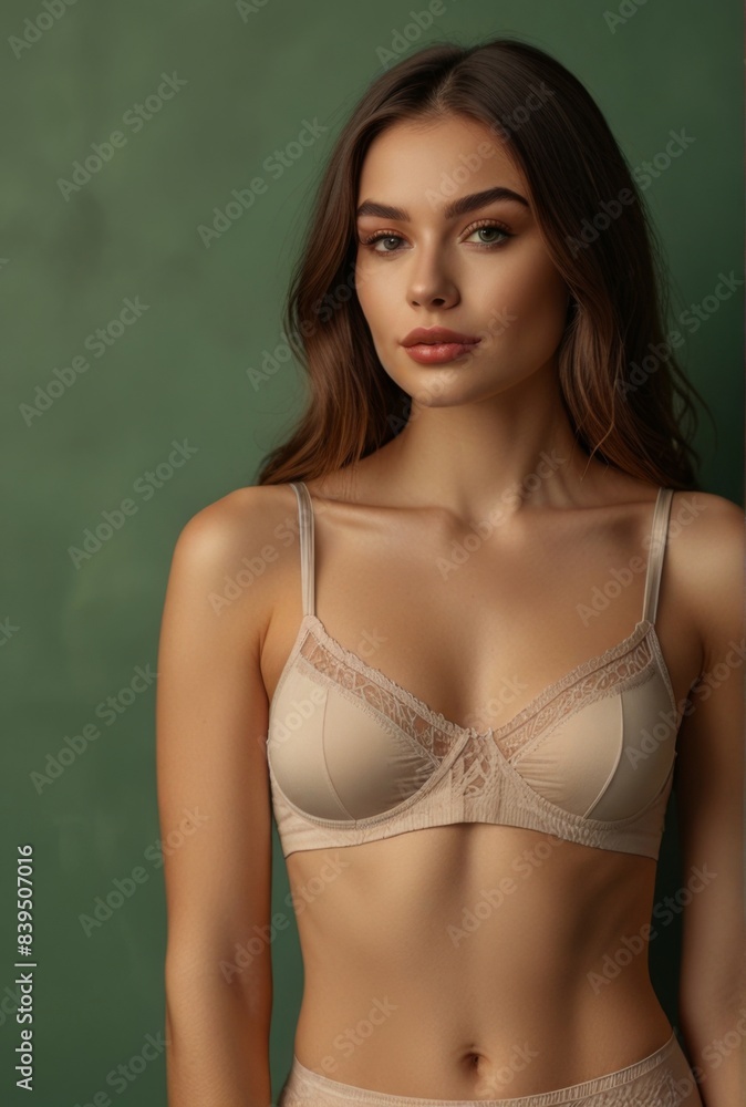 Beautiful young woman in stylish beige underwear on green background, closeup Beautiful young woman in stylish beige underwear on green background, closeup