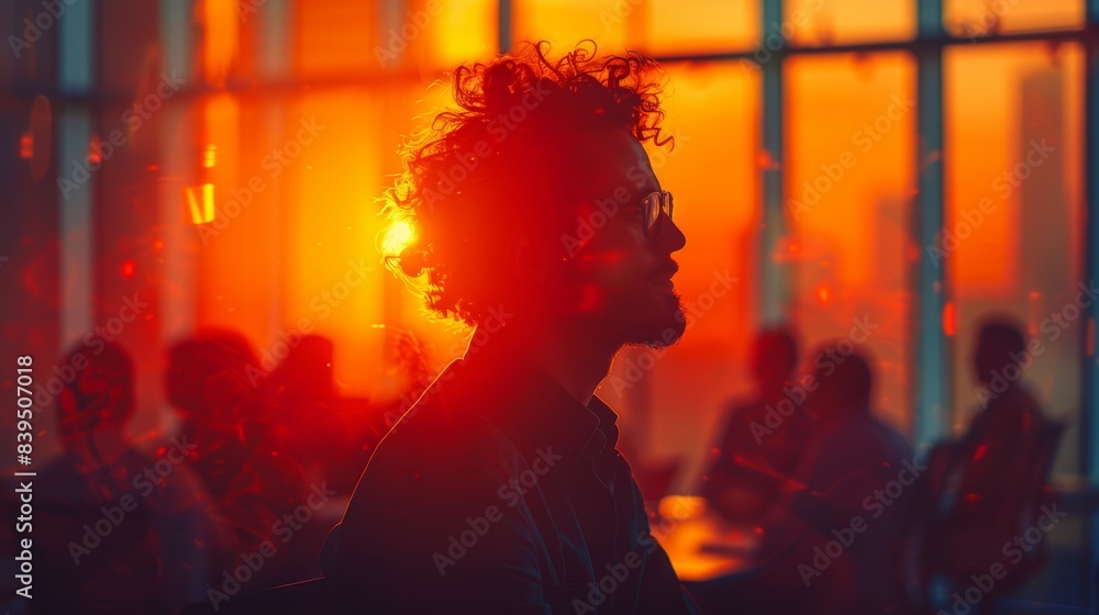 Fototapeta premium Collaborative Workspace Double Exposure Silhouette - Candid Office Meeting Close Up with Copy Space and Warm Lighting