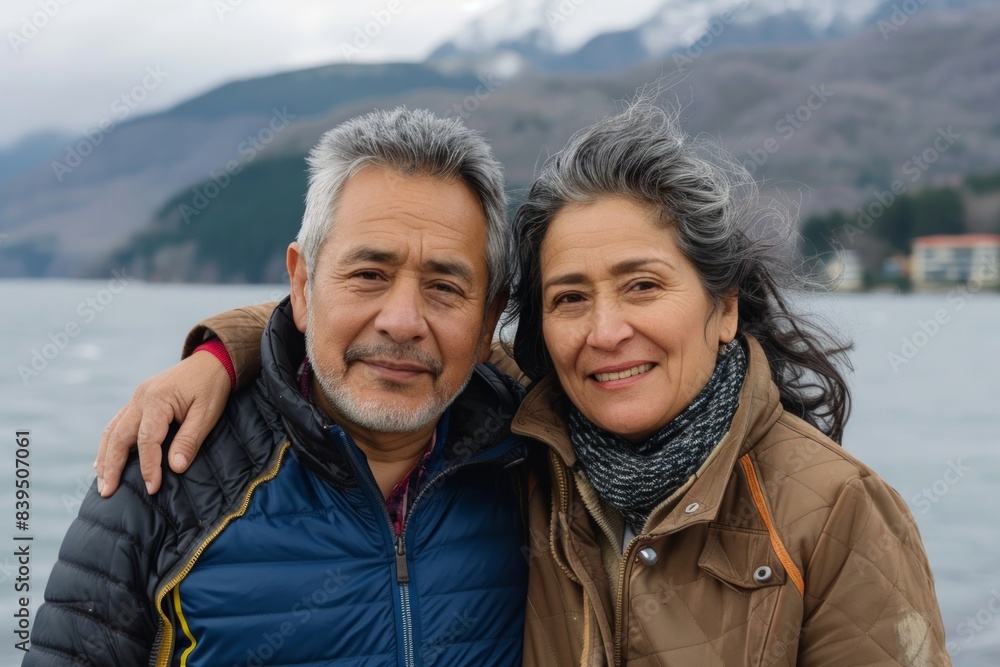 Portrait of a happy latino couple in their 50s wearing a trendy bomber jacket in front of serene lakeside view Portrait of a happy latino couple in their 50s wearing a trendy bomber jacket in front of serene lakeside view