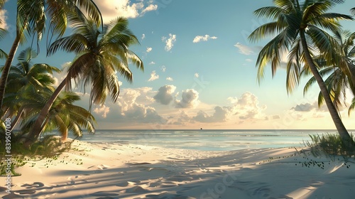 a tropical beach scene with palm trees. The sky is visible in the top right corner of the image