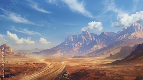 a vast desert landscape, dominated by the majestic presence of mountains in the distance. A winding dirt road cuts through the scene, leading the viewer's eye towards the mountains