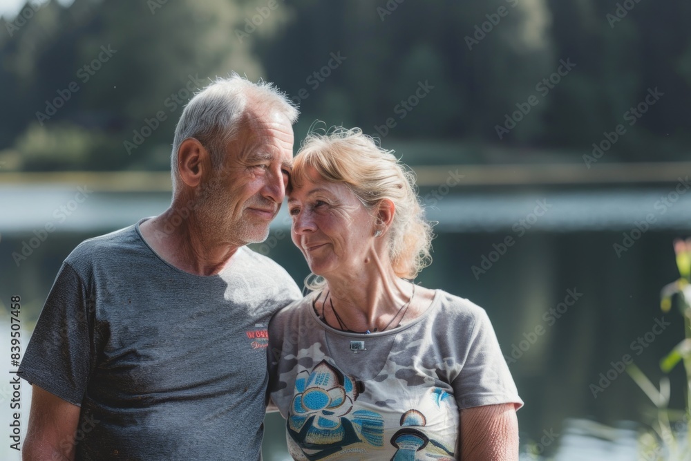Portrait of a tender caucasian couple in their 60s dressed in a casual t-shirt over serene lakeside view