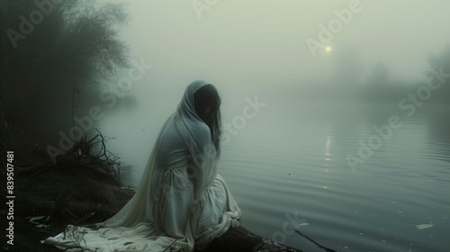 Alongside a misty riverbank, a weeping woman in white searches for her lost lover, her lament carrying on the night breeze