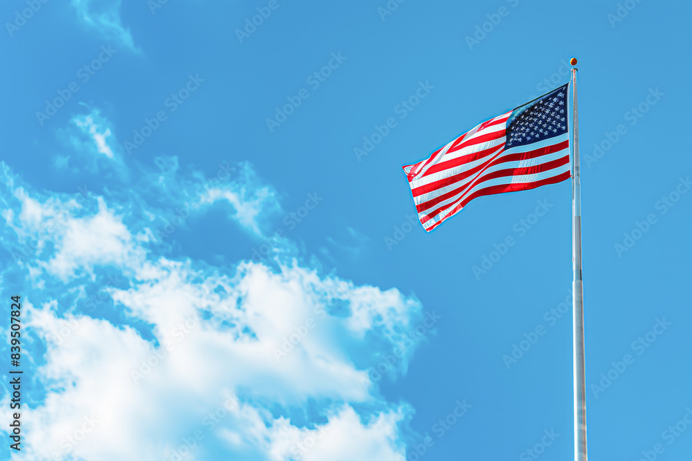 A red and white American flag is flying high in the sky A red and white American flag is flying high in the sky