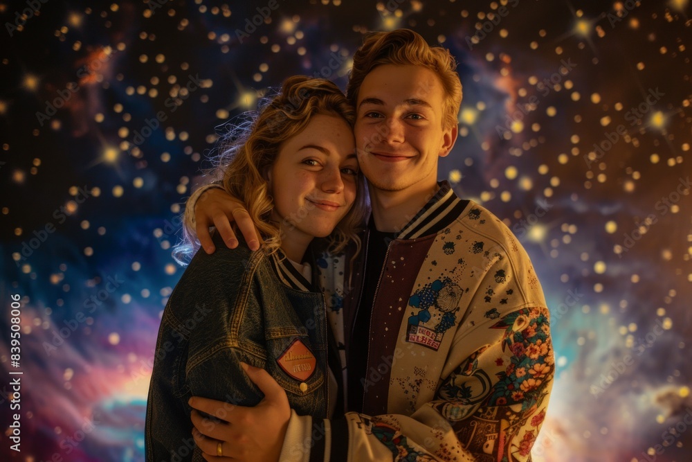 Portrait of a happy caucasian couple in their 20s sporting a stylish varsity jacket in backdrop of starlit galaxies Portrait of a happy caucasian couple in their 20s sporting a stylish varsity jacket in backdrop of starlit galaxies