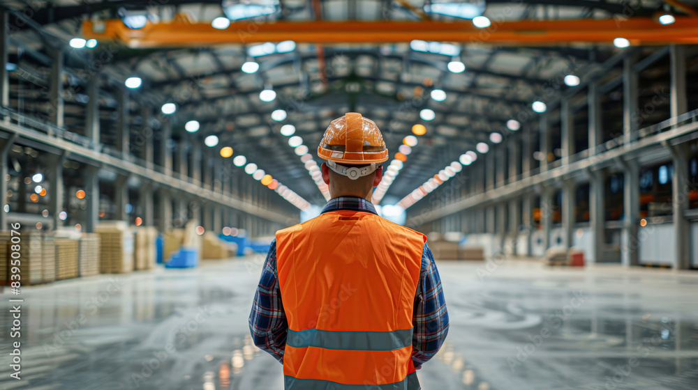 A man in an orange vest stands in a large, empty building A man in an orange vest stands in a large, empty building