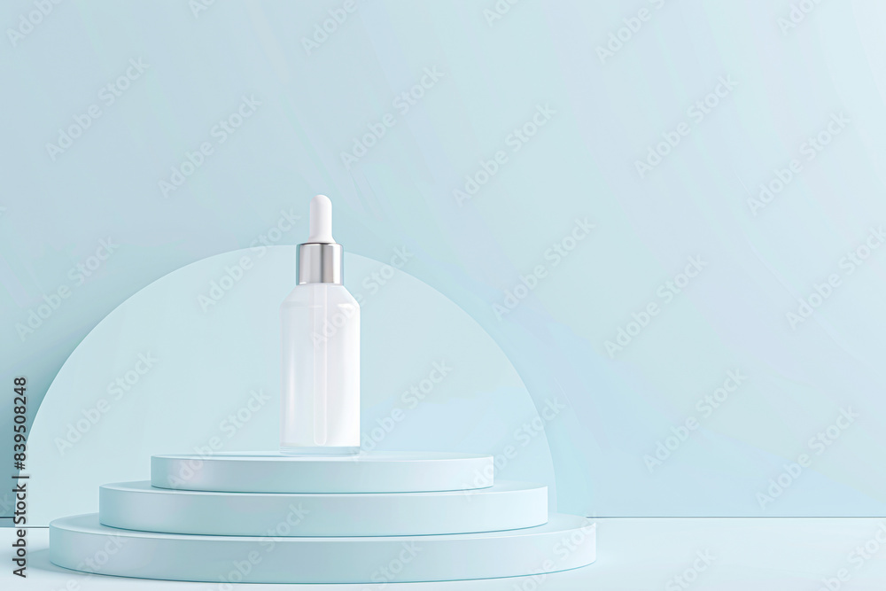 A bottle of perfume is sitting on a blue pedestal A bottle of perfume is sitting on a blue pedestal