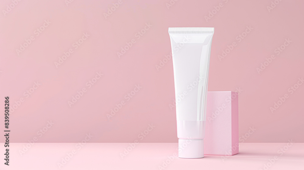 A tube of white cream is on a pink background A tube of white cream is on a pink background