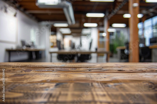 A wooden desk in the foreground with a blurred background of a tech startup office. The background includes modern workstations. © grey