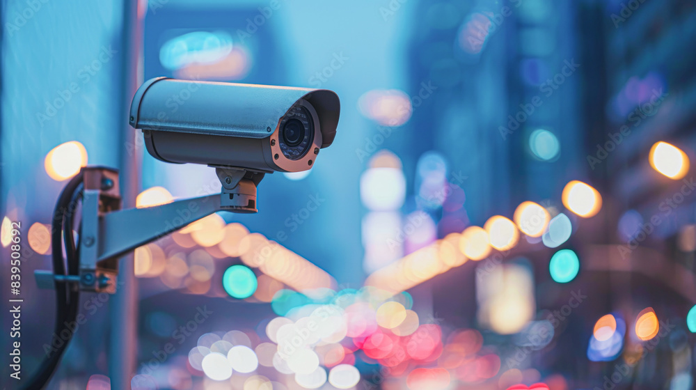 A camera is mounted on a pole in a city street A camera is mounted on a pole in a city street