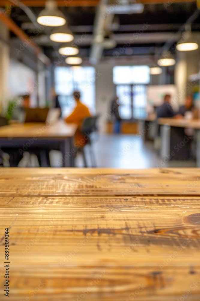 A wooden desk in the foreground with a blurred background of a tech startup office. The background includes modern workstations. A wooden desk in the foreground with a blurred background of a tech startup office. The background includes modern workstations.