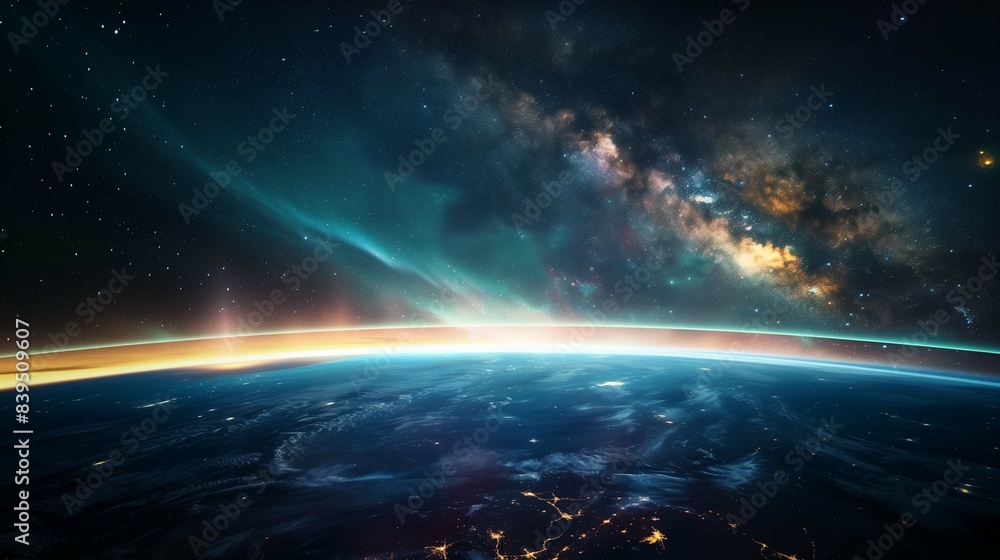 view of earth surface from space with background of galaxies and stars view of earth surface from space with background of galaxies and stars