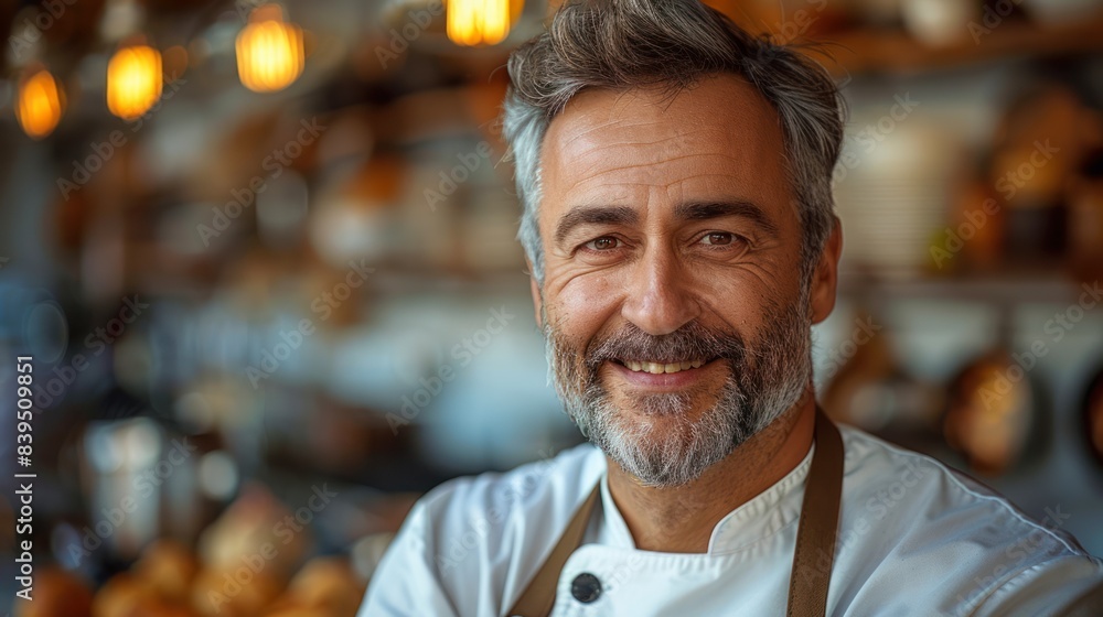 Photo portrait of a smiley chef with kitchen in background Photo portrait of a smiley chef with kitchen in background