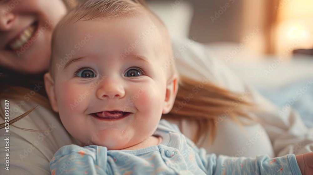 A baby is smiling and looking at the camera A baby is smiling and looking at the camera