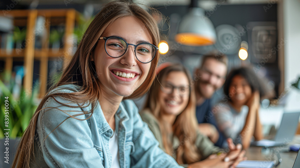 A group of people are smiling and sitting around a table with laptops A group of people are smiling and sitting around a table with laptops