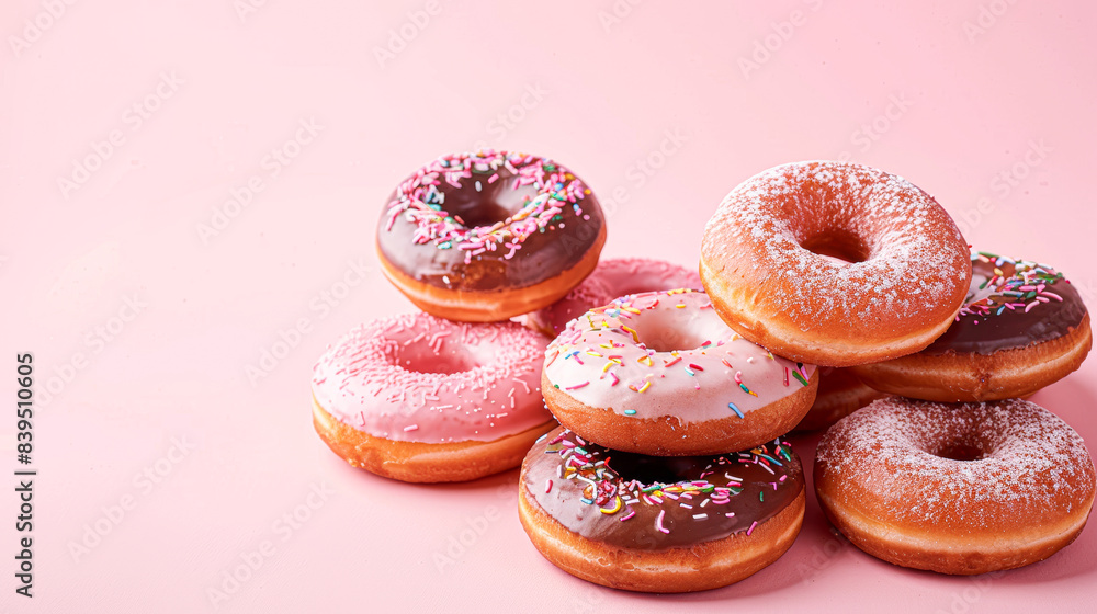 A stack of donuts with pink frosting and sprinkles A stack of donuts with pink frosting and sprinkles