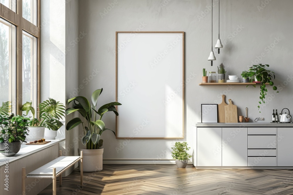 Poster mockup in scandinavian kitchen interior created with generative ai Poster mockup in scandinavian kitchen interior created with generative ai