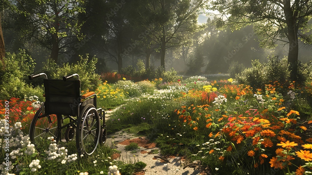 Fototapeta premium Empty wheelchair on a garden path with flowers