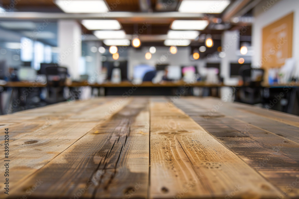 A wooden desk in the foreground with a blurred background of a tech startup office. The background includes modern workstations. A wooden desk in the foreground with a blurred background of a tech startup office. The background includes modern workstations.