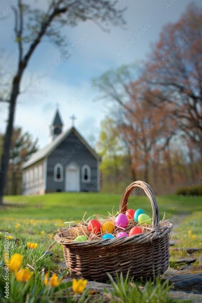 Basket full of colorful eggs with a church background with a large yard. happy easter wallpaper concept Basket full of colorful eggs with a church background with a large yard. happy easter wallpaper concept