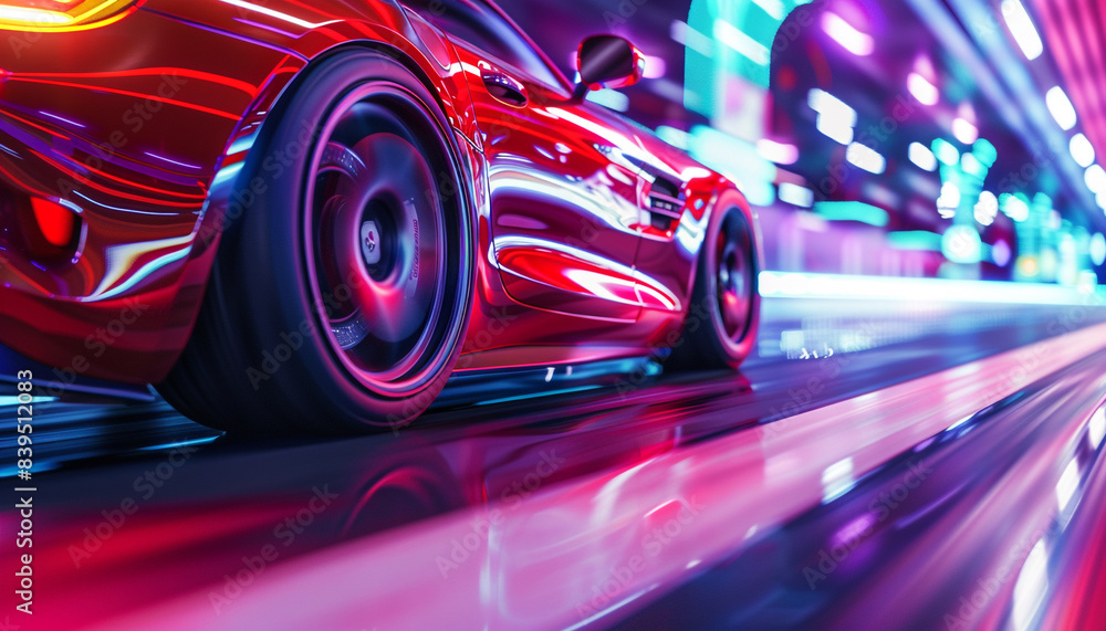 A close-up on the wheels of a red sports car, showing detailed motion blur as it speeds along a brightly lit neon highway, emphasizing technology and modern design. A close-up on the wheels of a red sports car, showing detailed motion blur as it speeds along a brightly lit neon highway, emphasizing technology and modern design.