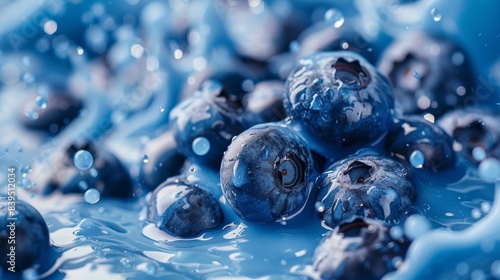 Close-up of blueberries splashing into blue milk, vibrant and refreshing