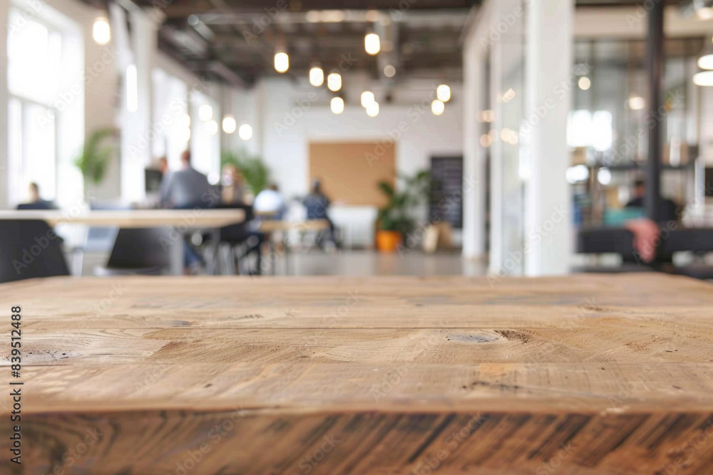 A wooden desk in the foreground with a blurred background of a tech startup office. The background includes modern workstations.