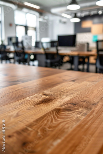 A wooden desk in the foreground with a blurred background of a tech startup office. The background includes modern workstations.