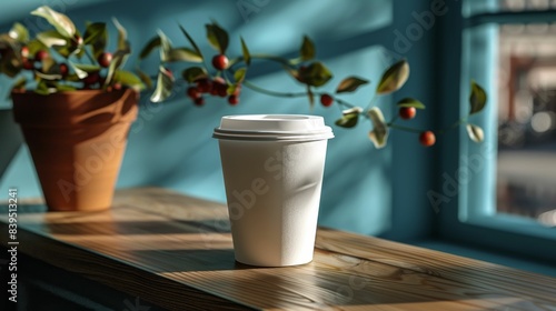 Coffee cup on wooden table in cafe, closeup view