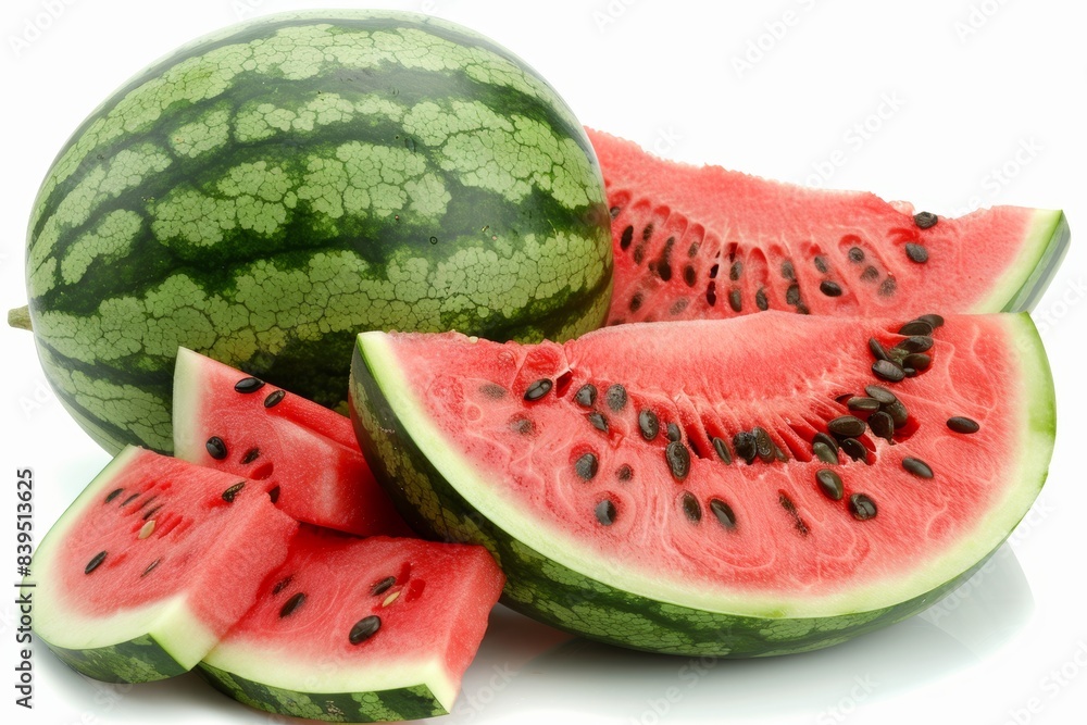 Ripe watermelon fruit displayed on a clean white background for maximum visual appeal and freshness Ripe watermelon fruit displayed on a clean white background for maximum visual appeal and freshness